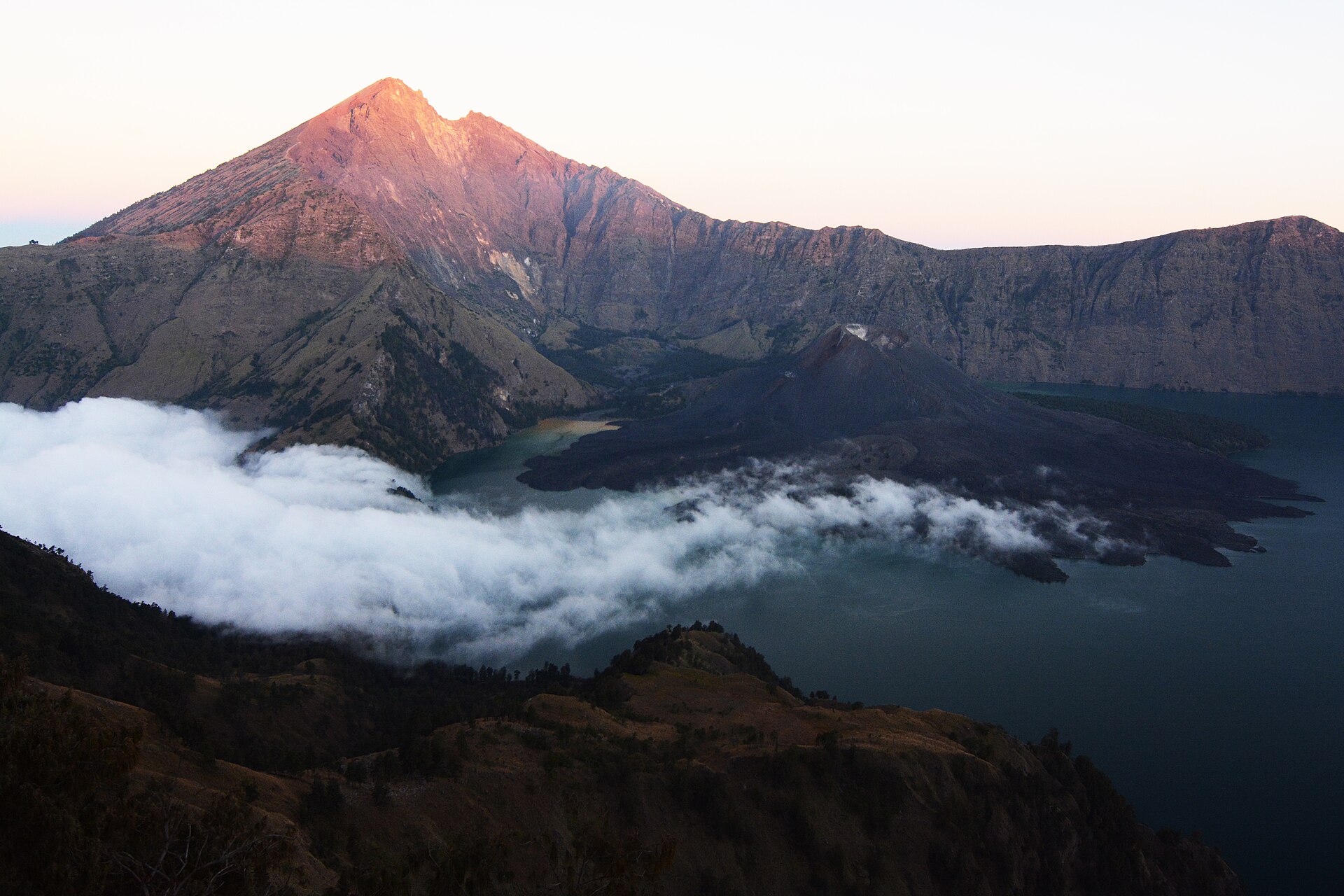 Segara Anak lake and Gunung Baru at sunset